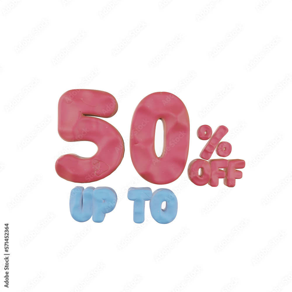 3d illustration, Up to 50% off discount banner in plasticine, clay doh texture sign symbol. 3d illustration, Up to 50% off discount banner in plasticine, clay doh texture sign symbol.