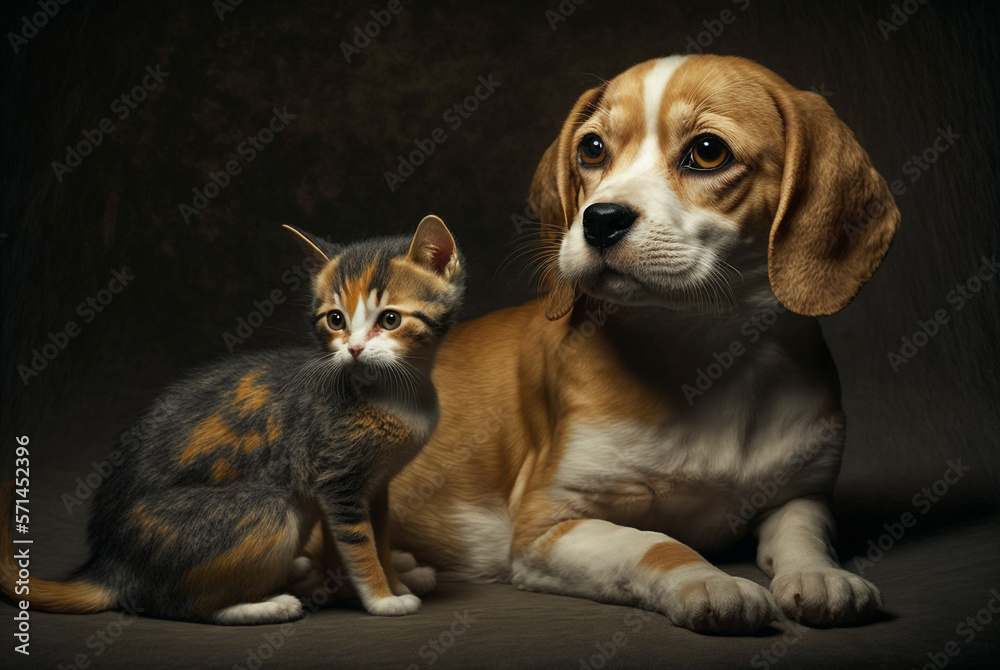 Portrait Photo of a Beagle Puppy and a Kitten