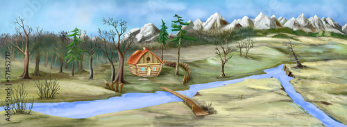 Autumn landscape by the river illustration