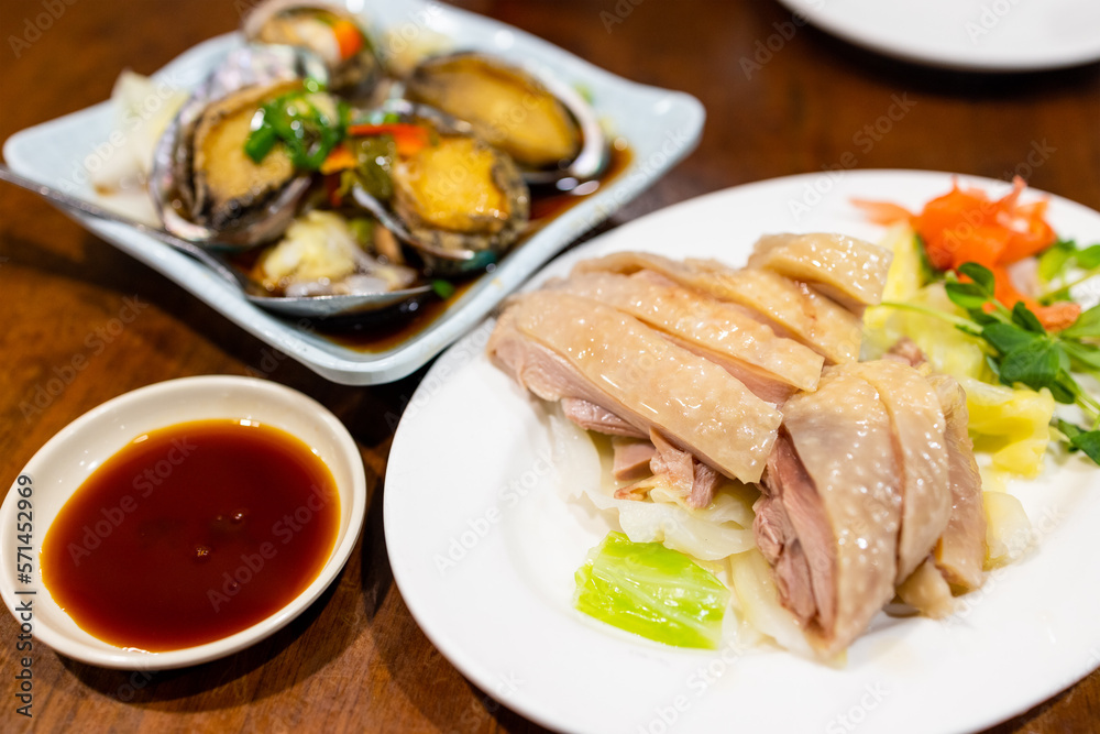 Traditional chinese food steamed chicken and abalone