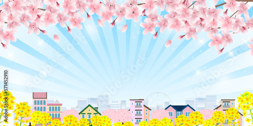 桜　菜の花　建物　背景