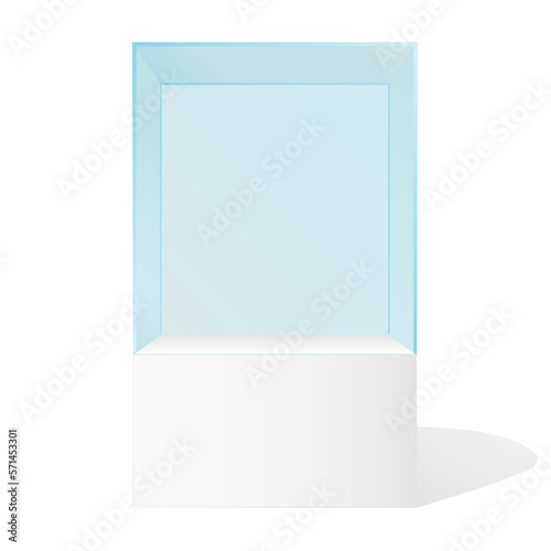Realistic vector glass square showcase. Empty glass box in room