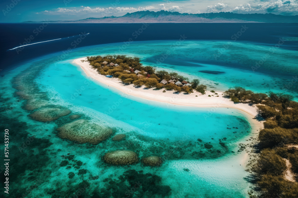 Obraz premium Beach and ocean in the distance as seen from above. azure water serves as the background. aerial view of the sea in summer. Indonesian island of Gili Meno. image of travel. Generative AI