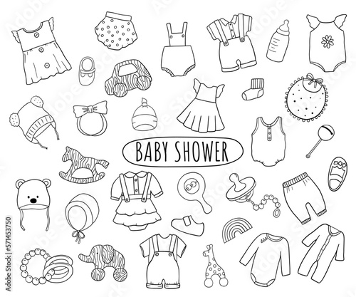 Infant cute bodysuit, dress, toys illustrations set. Vector doodle baby clothes isolated on white. Drawings for baby shower