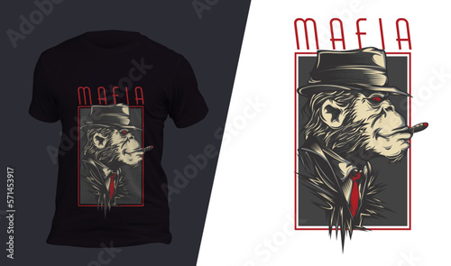 Awesome vector t-shirt design with a mafia monkey. Sport uniform, t-shirt activewear template, colorful. T-shirt print or tattoo with a mafia monkey.