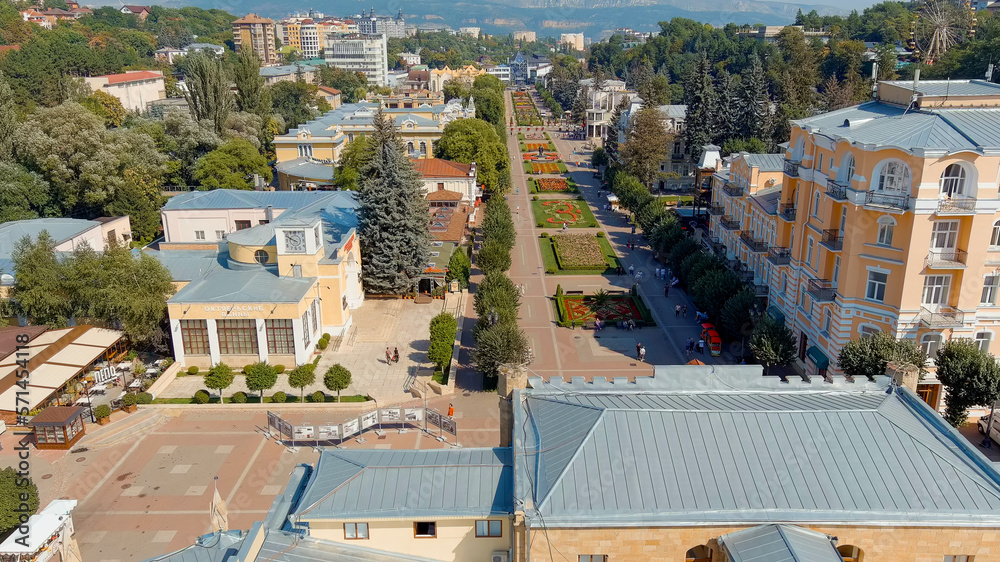 Kislovodsk, Russia - August 30, 2021: Kurortny Boulevard with flower beds and people walking, Aerial View
