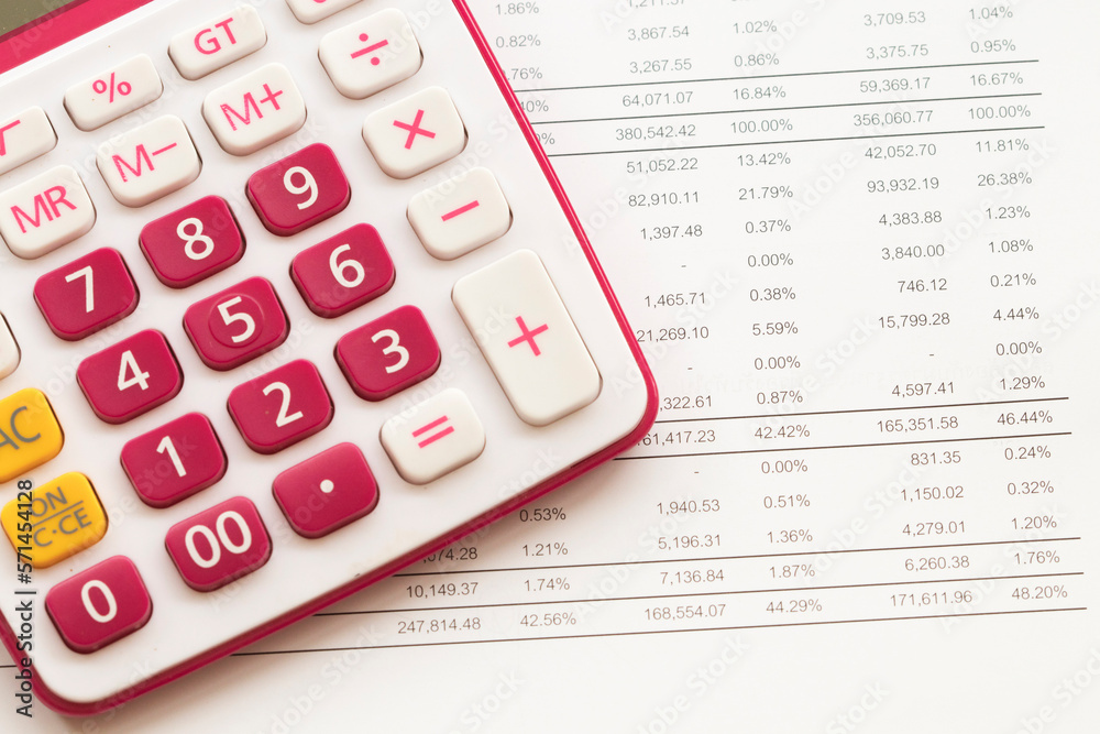 calculator, statement balance sheet accounting for business work arrangement flat lay style on background white calculator, statement balance sheet accounting for business work arrangement flat lay style on background white