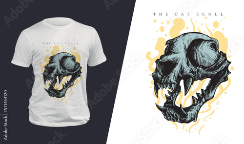 Cool vector t-shirt design with a the cat skull. Sport uniform, t-shirt activewear template, colorful. T-shirt print or tattoo with a the cat skull.
