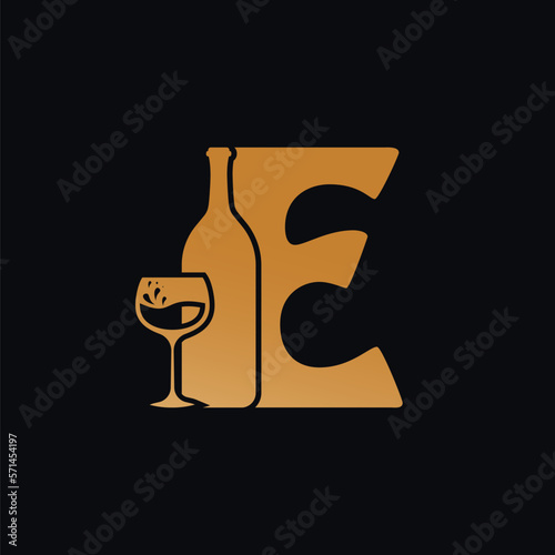 Letter E Logo With Wine Bottle Design Vector Illustration On Black Background. Wine Glass Letter E Logo Design