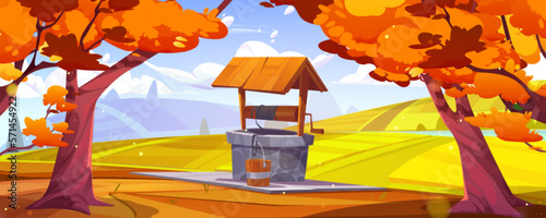 Autumn sunny landscape with water well, trees and fields. Rustic scene with old stone well with wooden roof and bucket, farm fields and river in fall, vector cartoon illustration