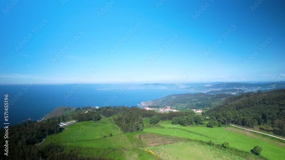 Panoramic View Of Green Meadow, Forest, Blue Sky, And Ocean. - aerial Panoramic View Of Green Meadow, Forest, Blue Sky, And Ocean. - aerial