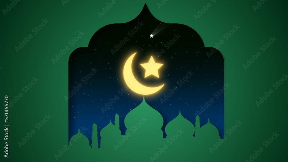 Moon and mosque in the background of ramadan kareem eid mubarak
