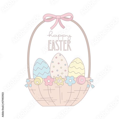 Pastel color Easter vector illustration with basket, eggs, flowers, lettering. Can use for card, banner, invitation