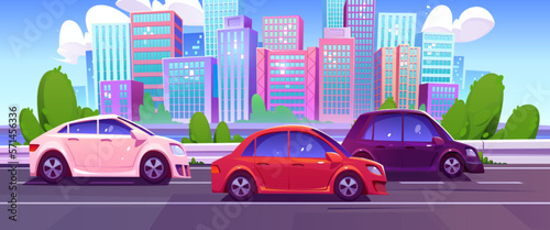 Urban traffic on modern city background. Vector cartoon illustration of cars moving speed highway along river. Cityscape with skyscrapers and green trees on summer day. Driving school banner design