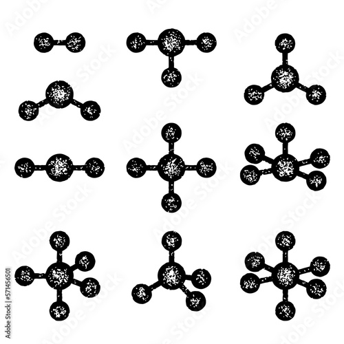 Set of black and white molecule shapes with grainy texture