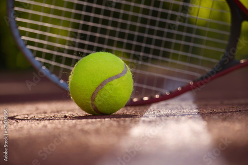 Tennis ball, racquet and hard court surface corner line © NetPix