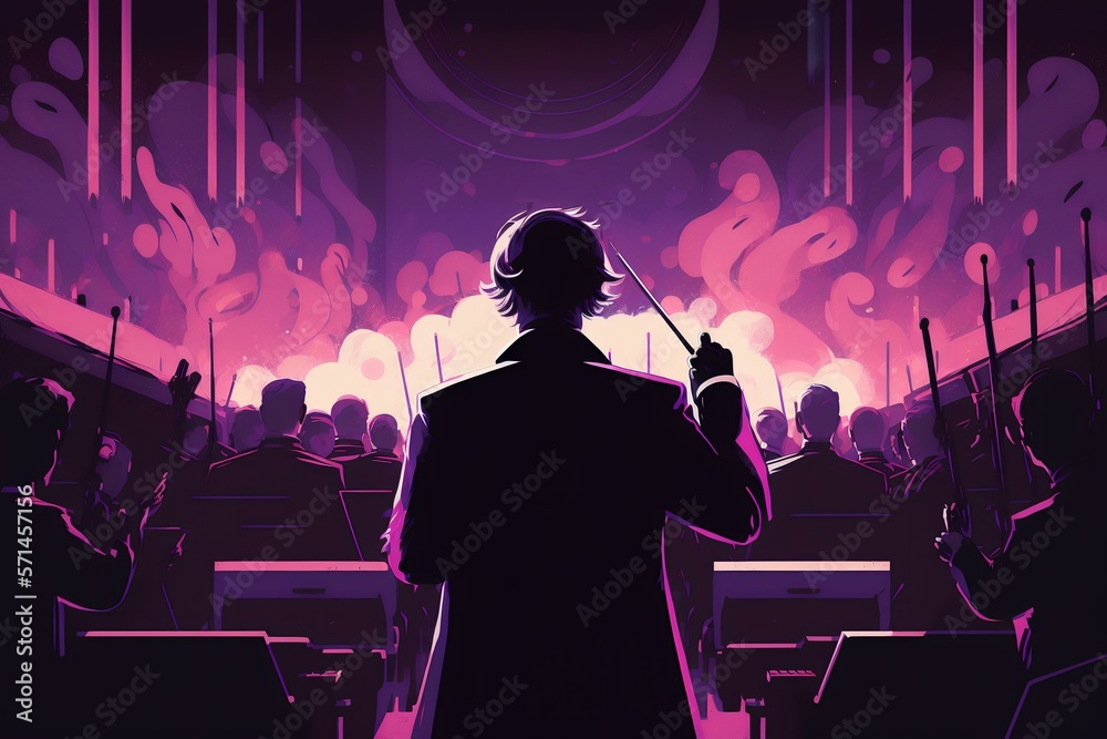 close-up shot of a conductor leading an orchestra with an intense purple aura surrounding them (AI Generated) - obrazy, fototapety, plakaty 