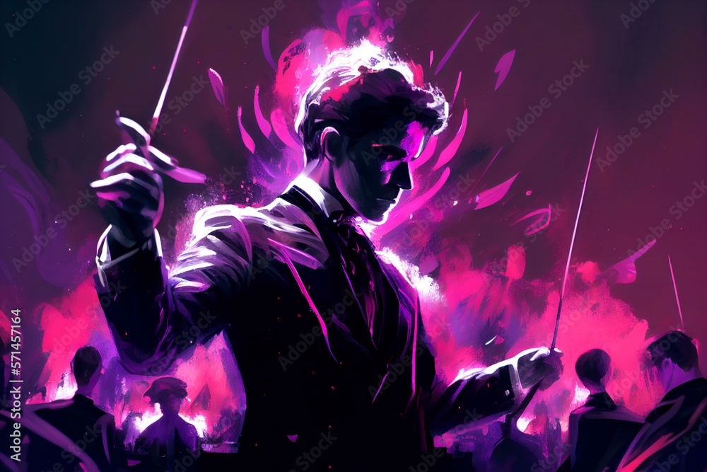 close-up shot of a conductor leading an orchestra with an intense purple aura surrounding them (AI Generated)