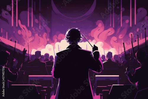 close-up shot of a conductor leading an orchestra with an intense purple aura surrounding them (AI Generated) photo