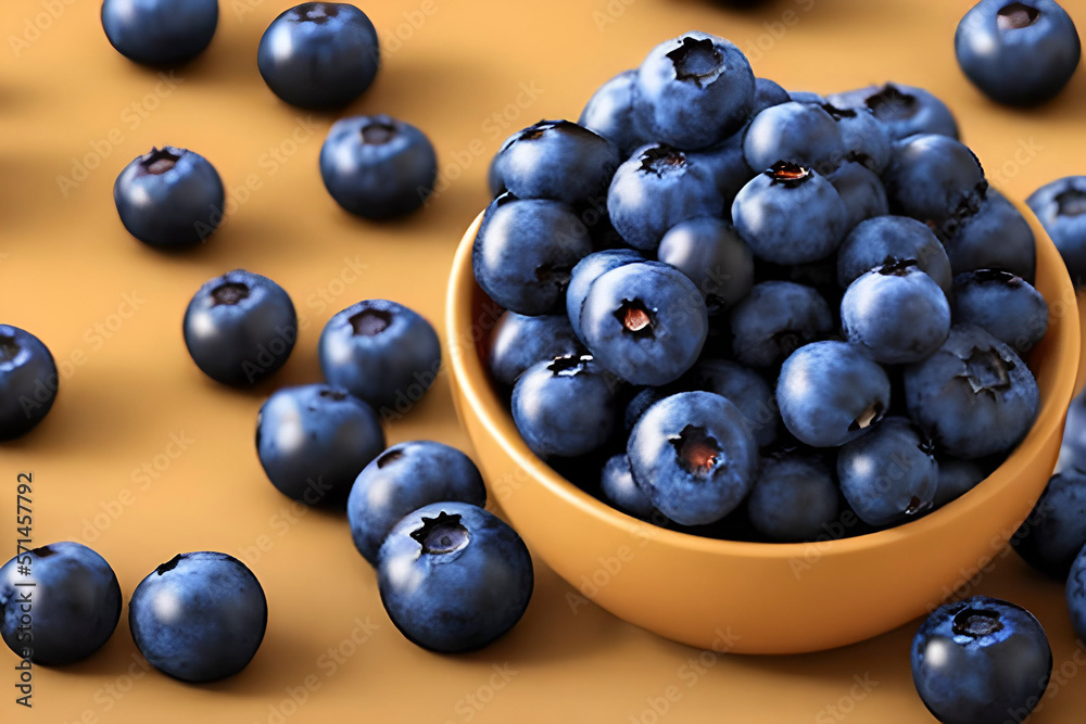 AI generated image of blueberries in a yellow bowl. AI generated image of blueberries in a yellow bowl.