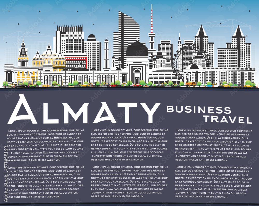 Almaty Kazakhstan City Skyline with Color Buildings, Blue Sky and Copy Space. Vector Illustration. Almaty Cityscape with Landmarks.