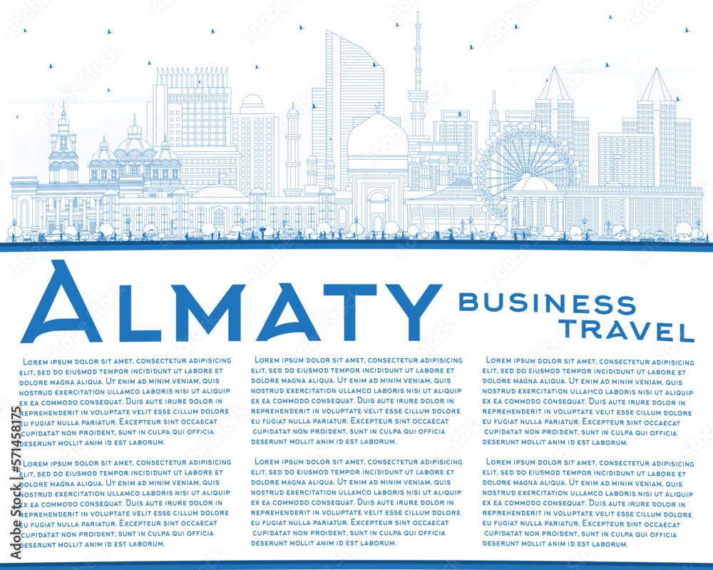 Outline Almaty Kazakhstan City Skyline with Blue Buildings and Copy Space. Vector Illustration. Almaty Cityscape with Landmarks.