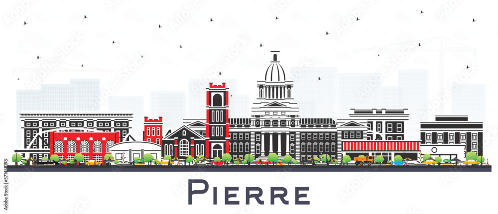 Pierre South Dakota City Skyline with Color Buildings Isolated on White. Vector Illustration. Pierre USA Cityscape with Landmarks.