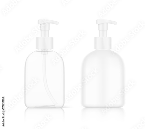 Realistic clean bottle with plastic dispensers set. Vector illustration isolated on white background. Ready for use in presentation, promo, advertising and more. EPS10.