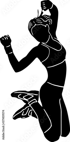 silhouette of fitt woman jumping in air, black and whit illustration of yong fit girl jumping in air in gym, aerobics girl silhouette symbol
