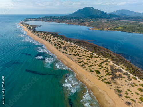 Fototapeta Naklejka Na Ścianę i Meble -  Aerial drone photo of Chalikounas Beach and Lake Korission  on Corfu Island in Greece