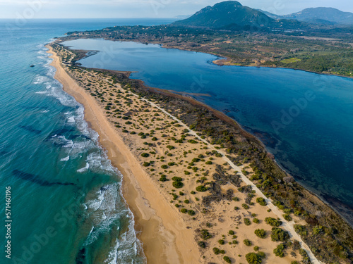 Fototapeta Naklejka Na Ścianę i Meble -  Aerial drone photo of Chalikounas Beach and Lake Korission  on Corfu Island in Greece