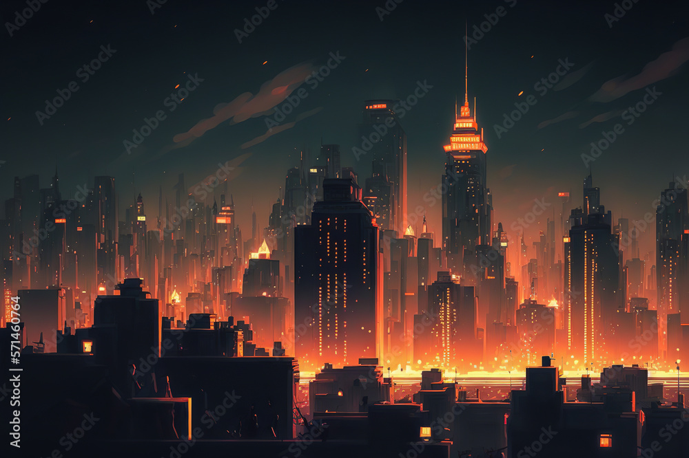 A city at night bathed in light and energy, reflecting the human world and its potential for development. A realistic style with warm colors. Generative AI