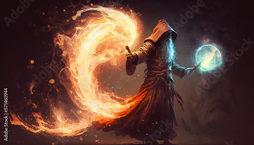 wizard casting fireball. Generative AI photo