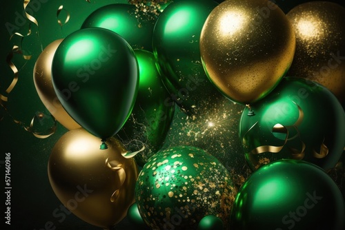 Background of festive forest green balloons, golden confetti and ribbons. St.Patrick 's Day. Photorealistic drawing generated by AI.