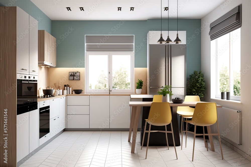Fototapeta premium Modern kitchen with chairs at the island. Photo generative AI