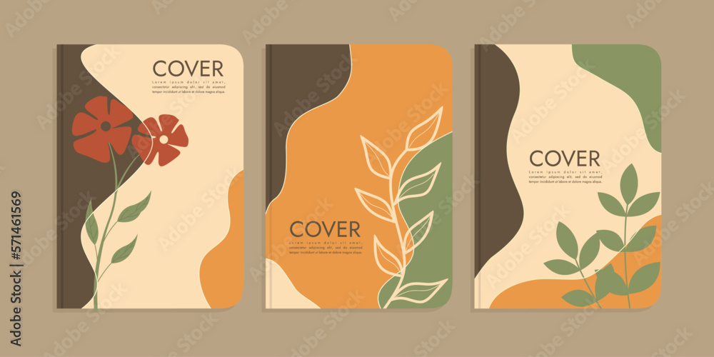set of book cover designs with hand drawn floral decoration. abstract retro botanical background A4 size For book, binder, diary, planner, brochure, notebook, catalog