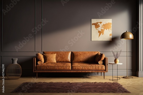 Home interior with brown leather sofa, empty wall and floor lamp. Photo generative AI photo