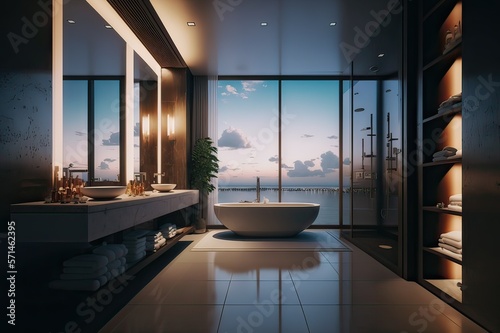 Luxurious Dark Brown Bathroom Interior in Miami with Hot Tub and Stunning Sea View. Photo generative AI photo