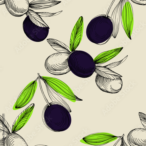 Seamless pattern with olive branch. Olive branches sketch. Vector hand drawing wildflower for background, texture, wrapper pattern.