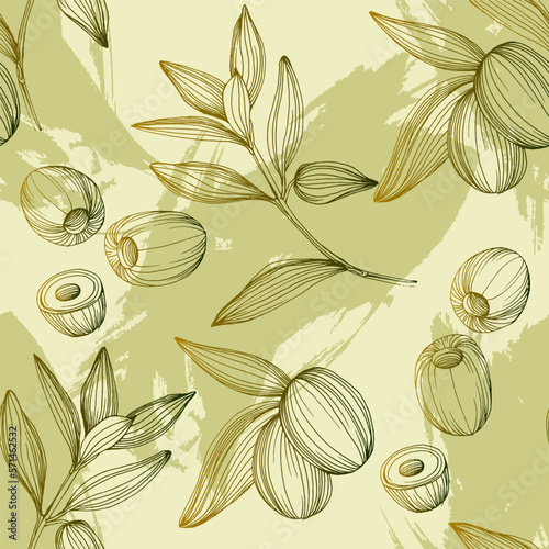 Seamless pattern with olive branch. Olive branches sketch. Vector hand drawing wildflower for background, texture, wrapper pattern.