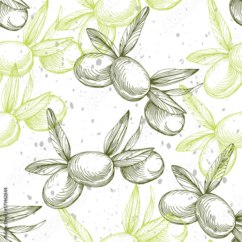 Seamless pattern with olive branch. Olive branches sketch. Vector hand drawing wildflower for background, texture, wrapper pattern.