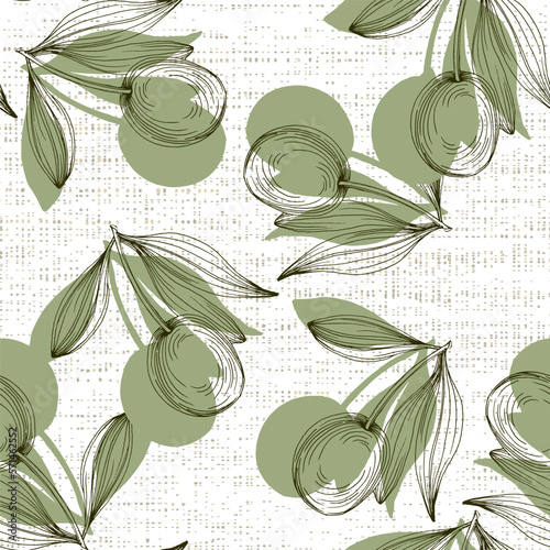 Seamless pattern with olive branch. Olive branches sketch. Vector hand drawing wildflower for background, texture, wrapper pattern.