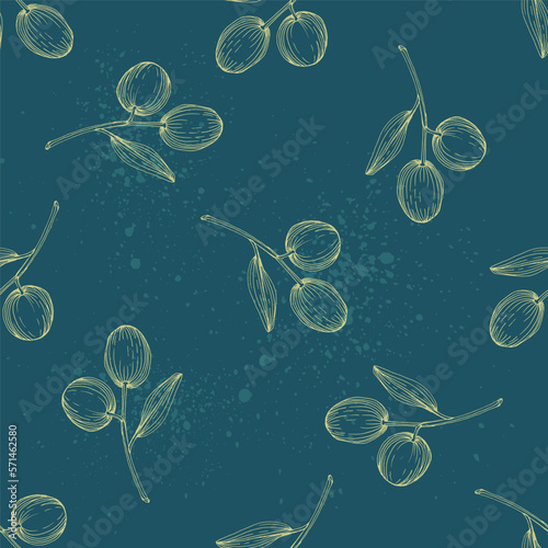 Seamless pattern with olive branch. Olive branches sketch. Vector hand drawing wildflower for background, texture, wrapper pattern.