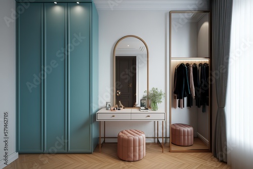 Modern Dressing Room Interior With Wardrobe And Dressing Table. Photo generative AI