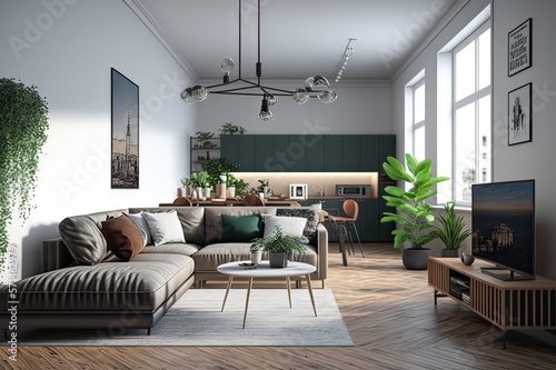 Luxurious New Delhi Living Room Interior With Corner Sofa, Houseplant, Television Set And Open Plan Kitchen. Photo generative AI