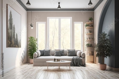 Modern Living Room Interior With Sofa, Coffee Table, Parquet Floor And Garden View From The Window. Photo generative AI