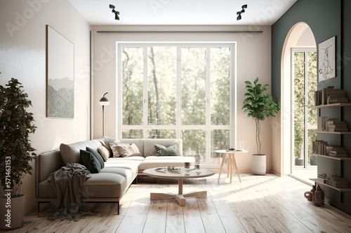 Modern Living Room Interior With Sofa  Coffee Table  Parquet Floor And Garden View From The Window. Photo generative AI