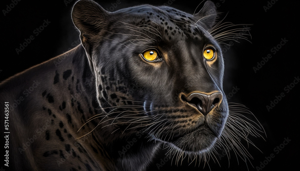 Closeup black panther on black background. Post-processed generative AI