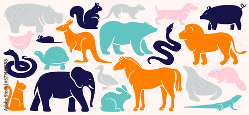 Cartoon animal silhouettes flat icons set. Abstract design of mammals. Shapes of duck, rabbit, snake, car, horse and pig © Mykola Syvak