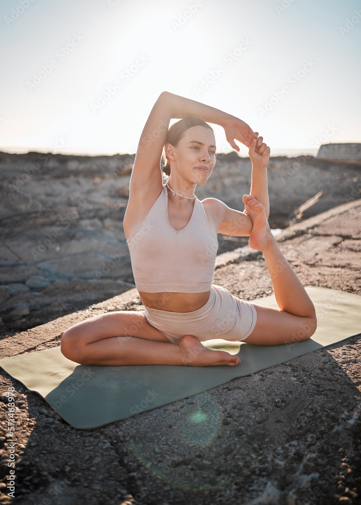 Yoga, stretching body and woman do pilates training for healthy lifestyle, body wellness and cardio workout. Sports, nature and girl doing meditation, stretch and exercise for zen, peace and calm - obrazy, fototapety, plakaty 